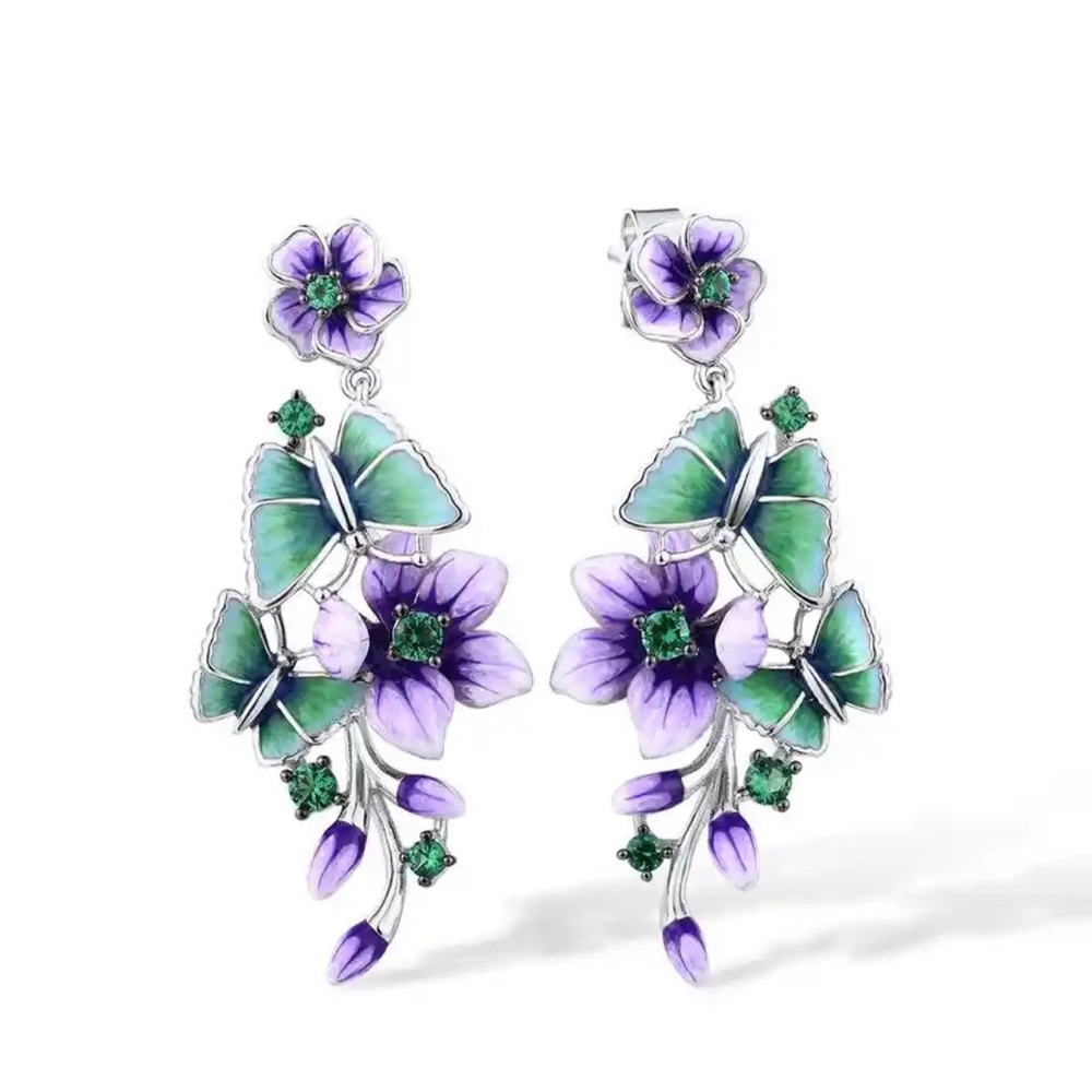 925 Sterling Silver Purple and Green Enamel Dangle Earrings